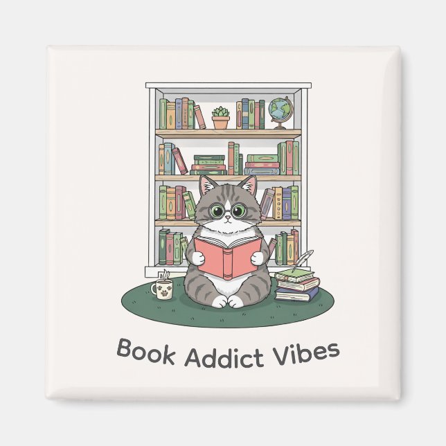 Whimsical Cat Glasses Reading Bookshelf Cute Decor Magnet (Framsidan)