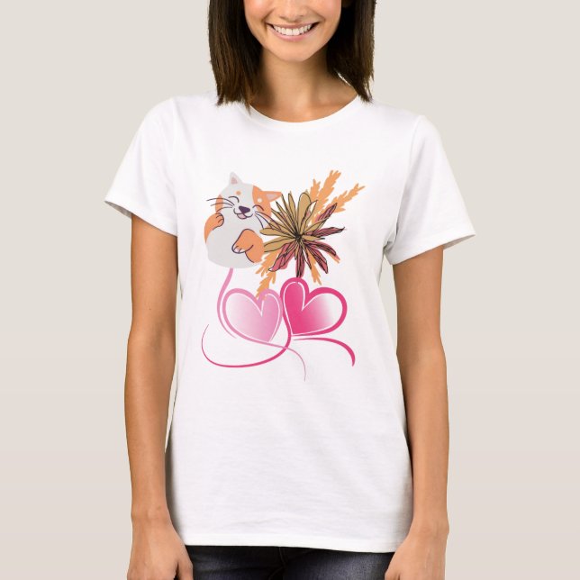 Whimsical Cat Mom Pink Hearts & Wildflower Floral  T Shirt (Framsida)