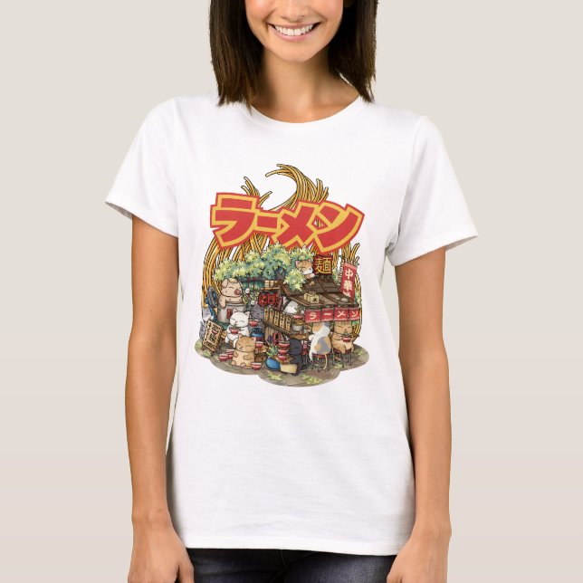 Whimsical Cat Ramen Noodle Stall T Shirt (Framsida)