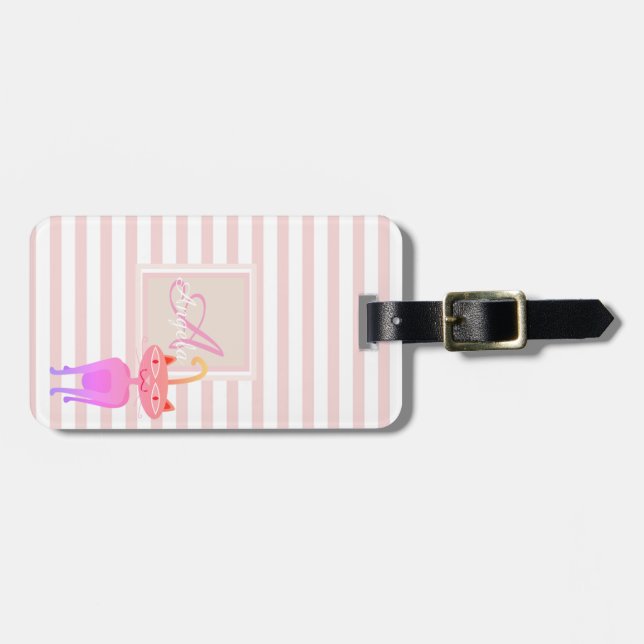Whimsical Cat Rosa Rand Monogram-Personlig Bagagebricka (Horisontell Framsida)