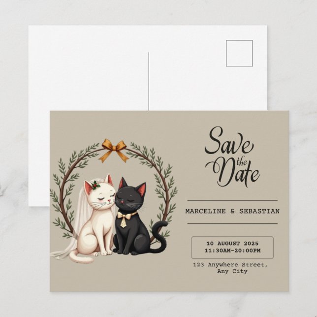 Whimsical Cat Wedding Save the Date  Vykort (Fram/baksida)
