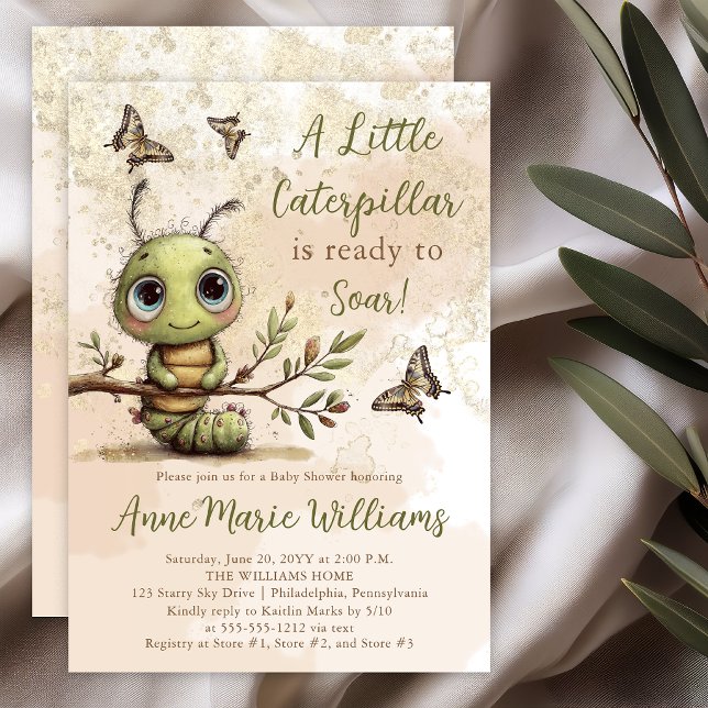 Whimsical Caterpillar Baby Shower Redo för kommand Inbjudningar (Whimsical watercolor caterpillar baby shower invitation with soft sage and gold accents)