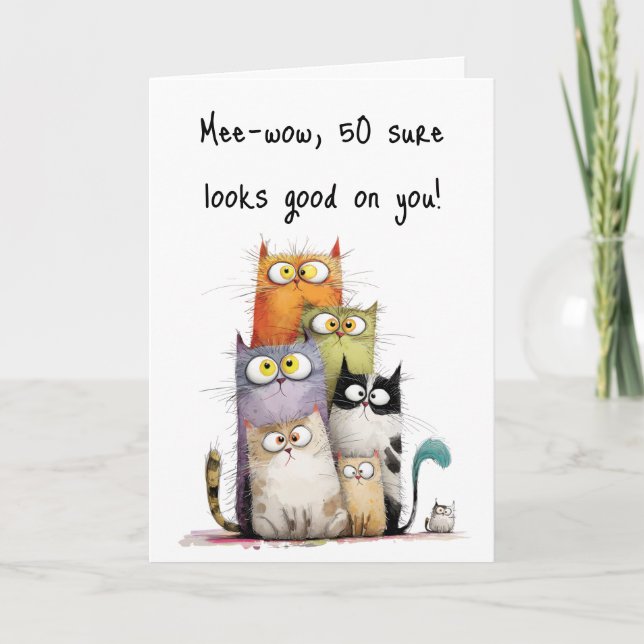 Whimsical Cats Big Eyes 50th Birthday Greeting Kort (Framsida)