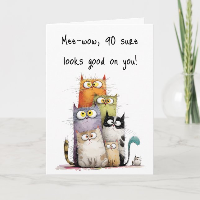 Whimsical Cats Big Eyes 90th Birthday Greeting Kort (Framsida)