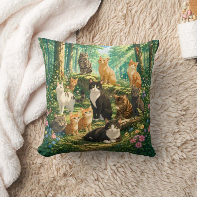Whimsical Cats i en Förtrollad Skog Kudde (Filt)