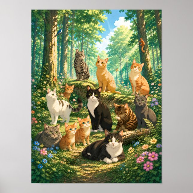 Whimsical Cats i en Förtrollad Skog Poster (Framsidan)