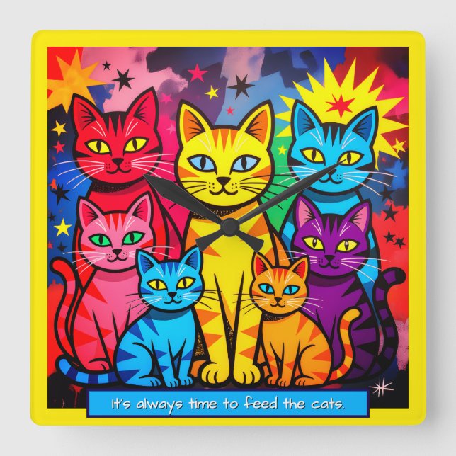 [Whimsical Cats] Modern Pop Art Färgrik Fyrkantig Klocka (Framsida)