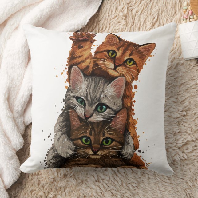 Whimsical Cats Trio: Lekfulla Staplar Kudde (Filt)