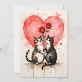 Whimsical Cats Valentine Hearts and Red Roses Kort