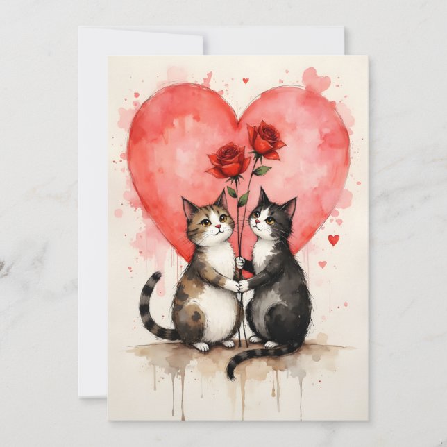 Whimsical Cats Valentine Hearts and Red Roses Kort (Framsida)