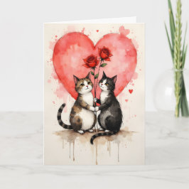 Whimsical Cats Valentine Hearts and Red Roses Kort