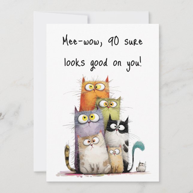 Whimsical Cats with Big Eyes 90th Birthday Flat Kort (Framsida)