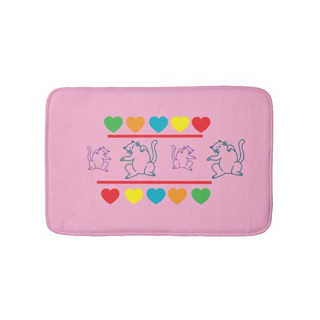 Whimsical Cats with Rainbow Hearts Bath Mat Badrumsmatta (Framsidan)