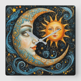 Whimsical Celestial Dream: Måne och Sol. Fyrkantig Klocka