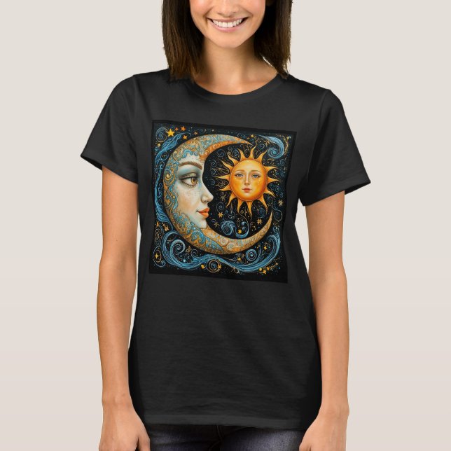 Whimsical Celestial Dream: Måne och Sol. T Shirt (Framsida)