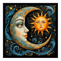 Whimsical Celestial Dröm: Måne och Sol. Konst