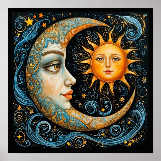 Whimsical Celestial Dröm: Måne och Sol. Konst Poster (Framsidan)