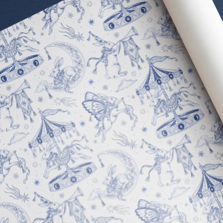 Whimsical Celestial Kanin Blå Toile de Jouy Presentpapper