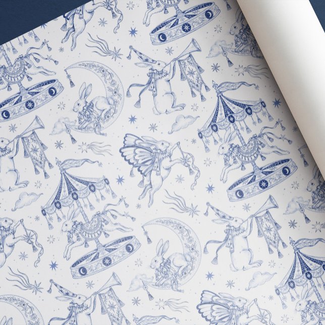 Whimsical Celestial Kanin Blå Toile de Jouy Presentpapper (Skapare uppladdad)