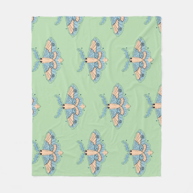 Whimsical Celestial Moth — Mjuk Blå & Persika Fleecefilt (Framsidan)
