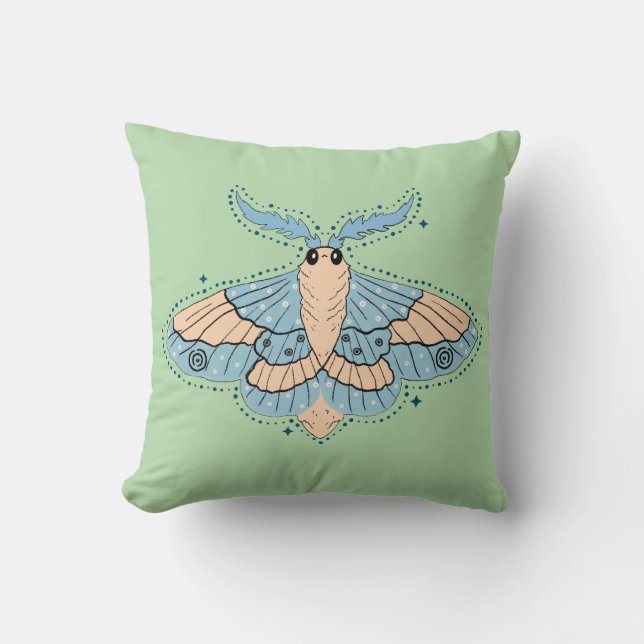 Whimsical Celestial Moth — Mjuk Blå & Persika Kudde (Framsida)