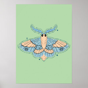 Whimsical Celestial Moth — Mjuk Blå & Persika Poster
