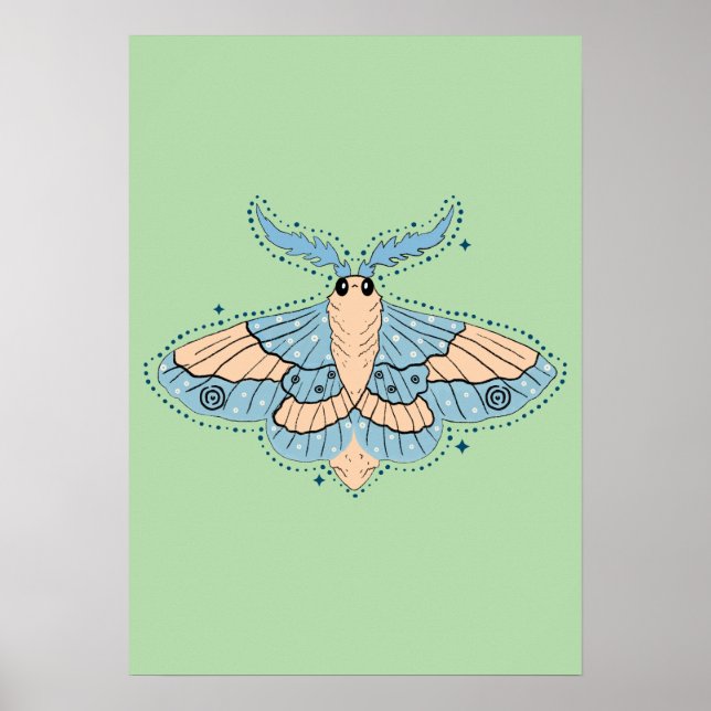 Whimsical Celestial Moth — Mjuk Blå & Persika Poster (Framsidan)