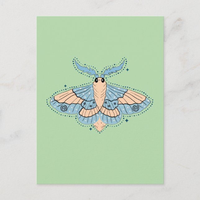 Whimsical Celestial Moth — Mjuk Blå & Persika Vykort (Framsida)