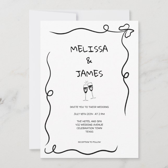 Whimsical Champagne Hand Drawn Wedding Inbjudningar (Framsida)