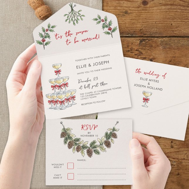 Whimsical Champagne Julbröllop (Wedding Invite + RSVP from the Whimsical Champagne Tower Holiday Wedding Collection by Darling & May)