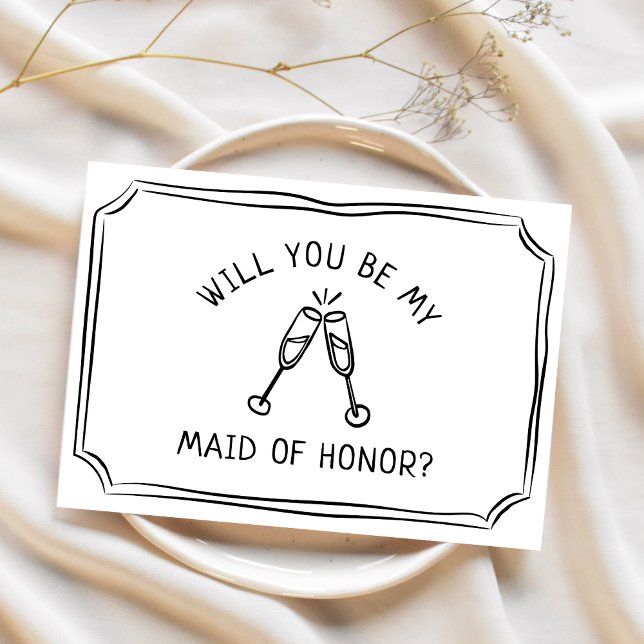 Whimsical Champagne Toast Maid of honor Frieri Kort (Minimalist maid of honor proposal card featuring a classic border and champagne glasses. )