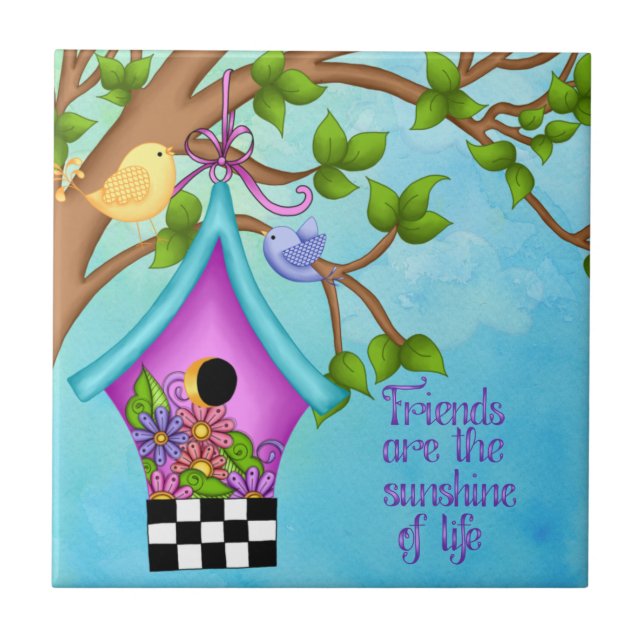 Whimsical Checkerboard Birdhouse Kakelplatta (Framsidan)
