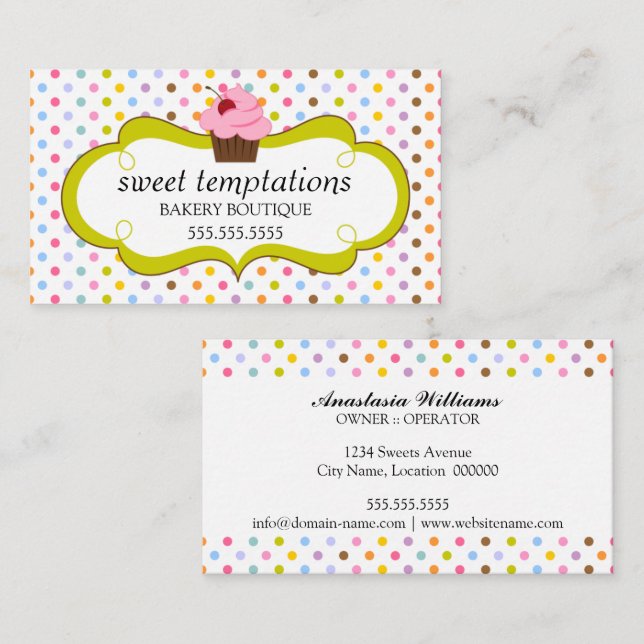 Whimsical Cherry Cupcake Bakery Visitkort (Fram/baksida)