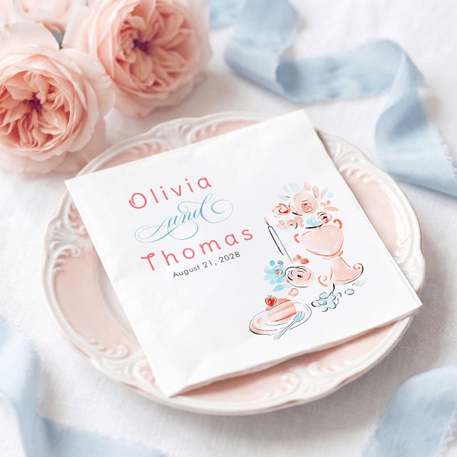 Whimsical Chic Elegant Hand Drawn Wedding Pappersservett (Dusty Blue and Pink Whimsical Hand-illustrated Doodles Napkins for Wedding Reception)