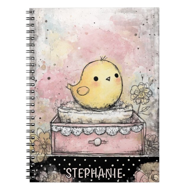 Whimsical Chick Blommig Akvarellkonst Anteckningsbok (Framsidan)