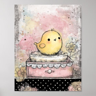 Whimsical Chick Blommig Akvarellkonst Poster