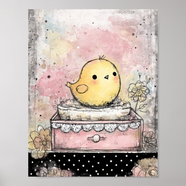 Whimsical Chick Blommig Akvarellkonst Poster (Framsidan)