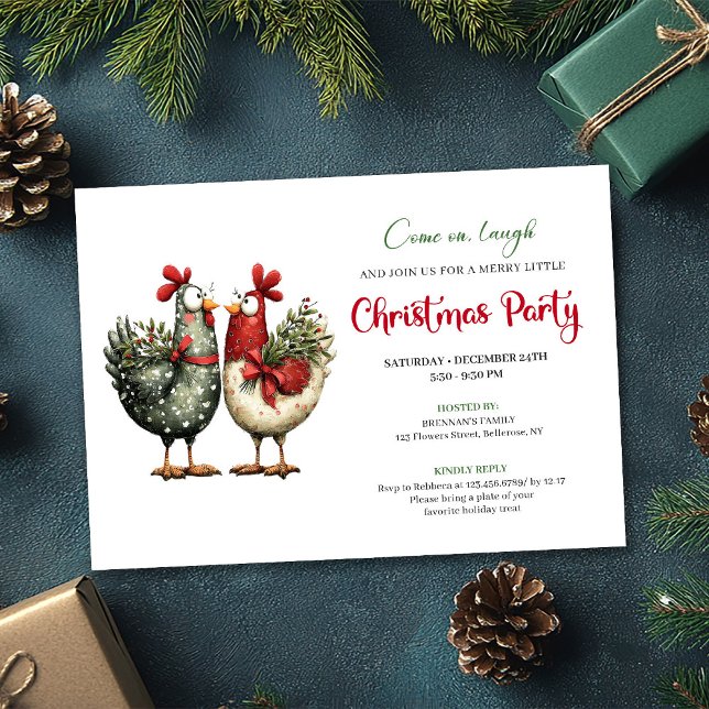 Whimsical Chickens Cartoon Christmas Party Invites Inbjudningar (Whimsical Chickens Cartoon Christmas Party Invitation)