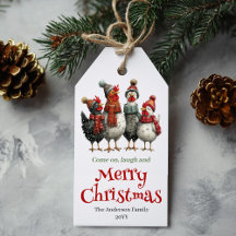 Whimsical Chickens Holiday Present Tagg Redigerbar