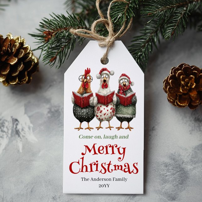 Whimsical Chickens Xmas-märkesredigerbar design Presentetikett (Whimsical Chickens Xmas Tag Editable Design)