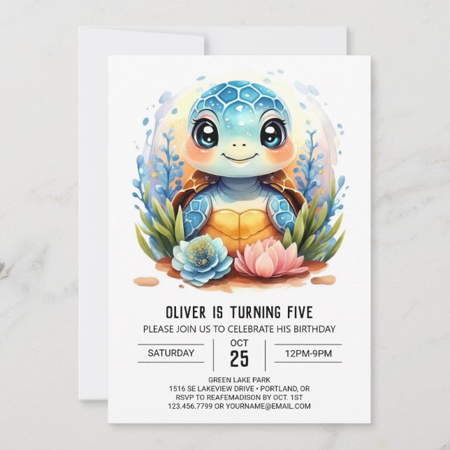 Whimsical Children's Watercolor Turtle Boy Birthda Inbjudningar (Framsida)