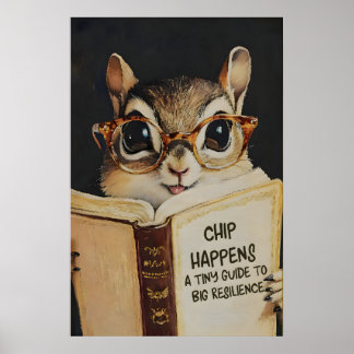 Whimsical Chipmunk Läsning Bok Konsttryck Poster