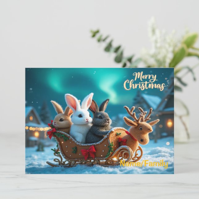 Whimsical Christmas Bunny Sleigh Ride Julkort (Stående Fram)