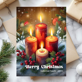 Whimsical Christmas candle rustic pine wreath card Julkort