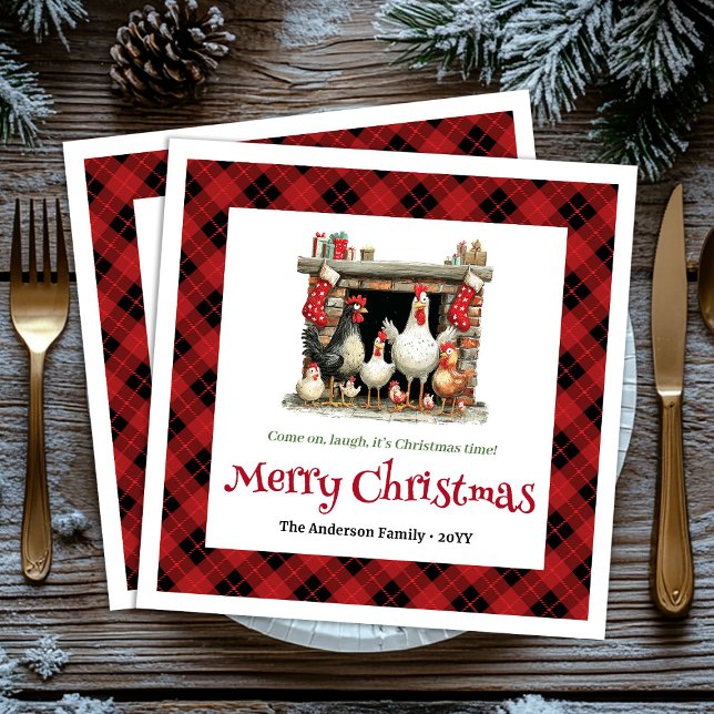 Whimsical Christmas chickens custom name napkins Pappersservett (Elegant Quirky Chickens Editable Custom Name Christmas Napkins

)