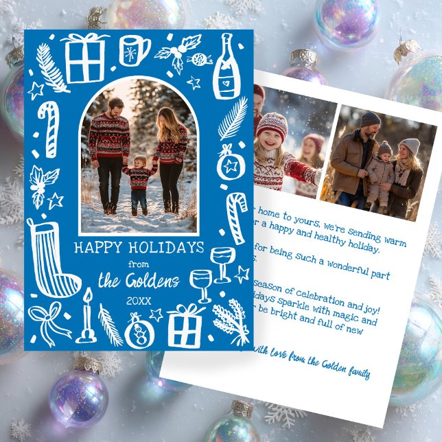 Whimsical Christmas  Cute Custom Arch 3 PHOTO  Julkort (Whimsical Christmas Doodle Hand-drawn Sketch Blue Cute Custom Arch 3 PHOTO Winter Holiday Card
)