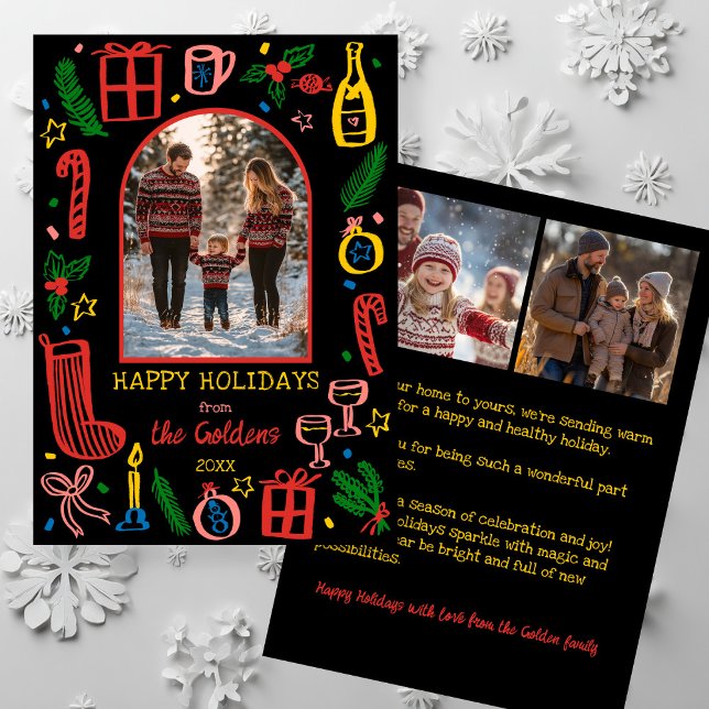 Whimsical Christmas  Cute Custom Arch 3 PHOTO  Julkort (Whimsical Christmas Doodle Cute Custom Arch 3 PHOTO Holiday Card
)