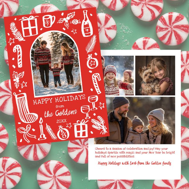 Whimsical Christmas  Cute Custom Arch 4 PHOTO  Julkort (Whimsical Christmas Cute Doodles Custom Arch 4 PHOTO Hand drawn Holiday Card
)