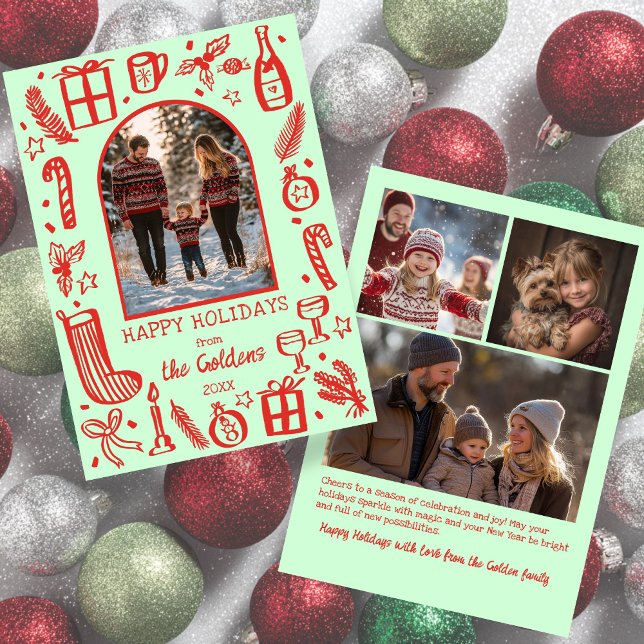 Whimsical Christmas  Cute Custom Arch 4 PHOTO  Julkort (Whimsical Christmas Cute Doodles Custom Arch 4 PHOTO Hand-drawn Holiday Card
)