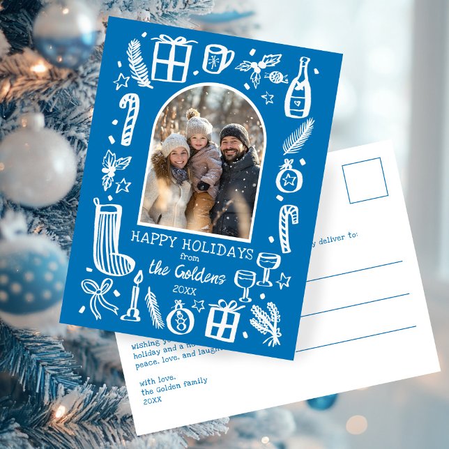 Whimsical Christmas  Cute Custom Arch PHOTO  Helg Vykort (Whimsical Christmas Doodle Hand-drawn Cute Blue Custom Arch PHOTO Winter Holiday Postcard
)